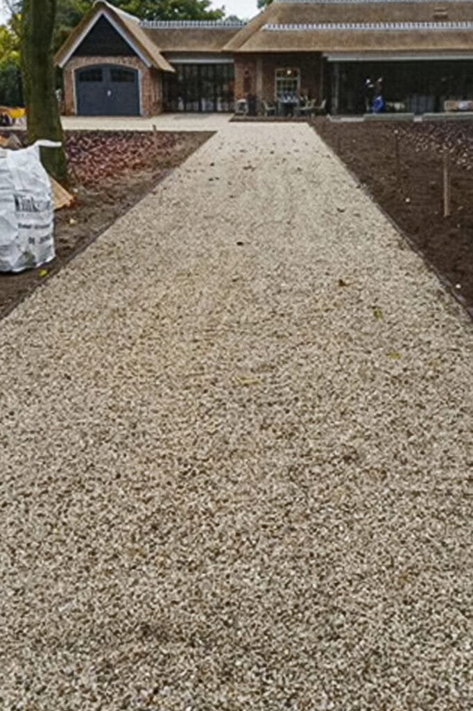 En uppfart av brun/beige dekorsten